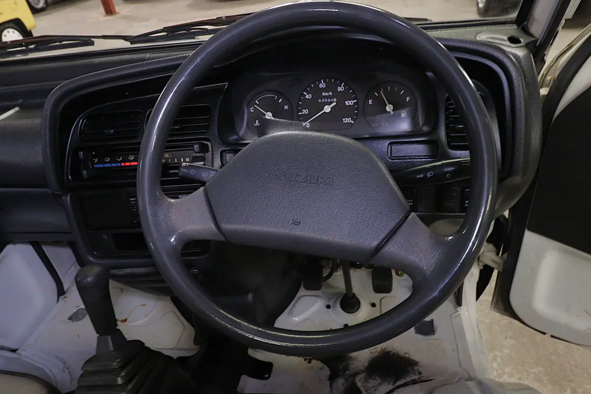 White 1991 Suzuki Carry Dump Bed 4x4 Kei Truck, steering wheel and dashboard, for sale at Duncan Imports in Christiansburg, VA