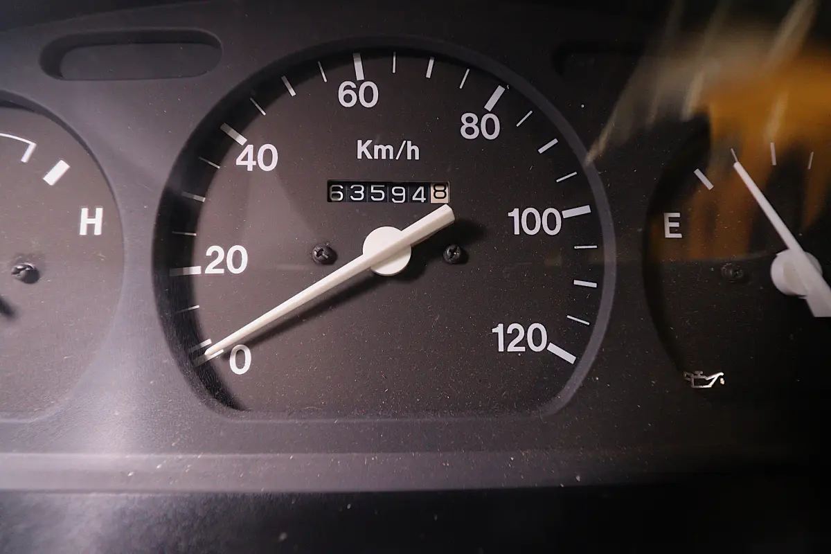 White 1991 Suzuki Carry Dump Bed 4x4 Kei Truck, speedometer and odometer, for sale at Duncan Imports in Christiansburg, VA