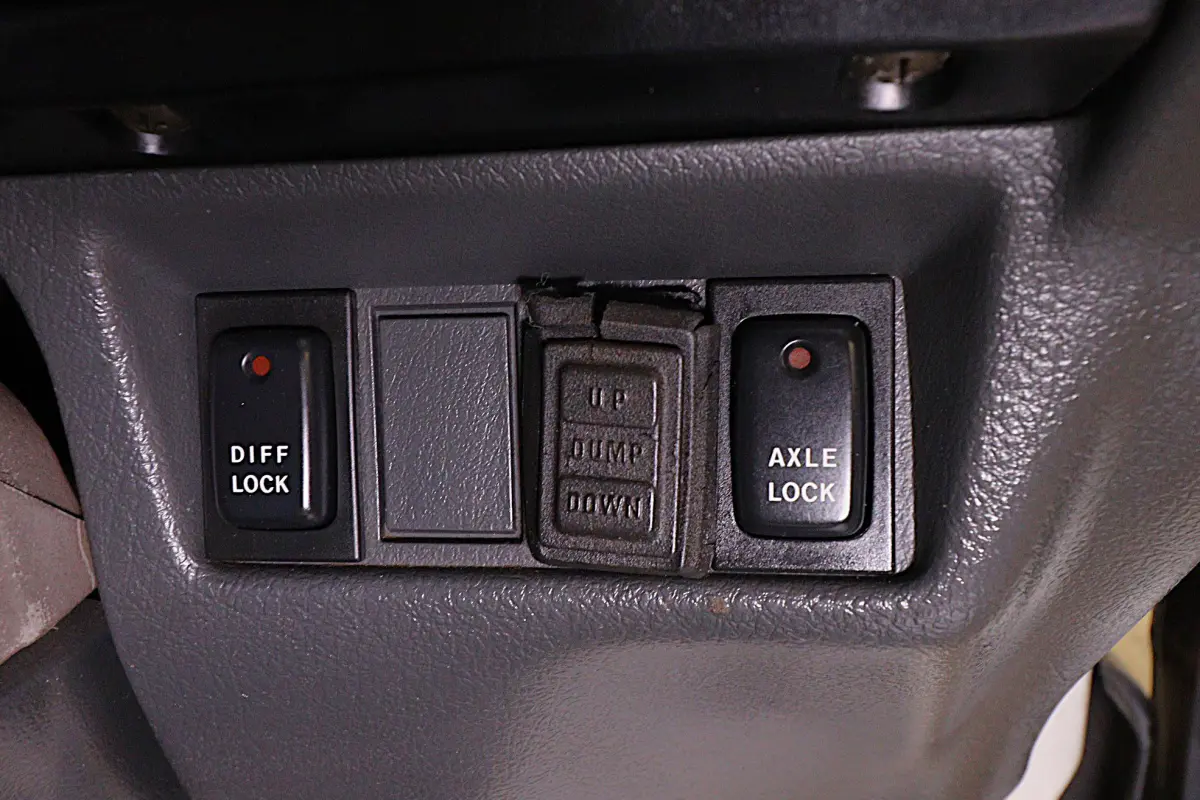 White 1991 Suzuki Carry Dump Bed 4x4 Kei Truck, diff lock and dump switches, for sale at Duncan Imports in Christiansburg, VA