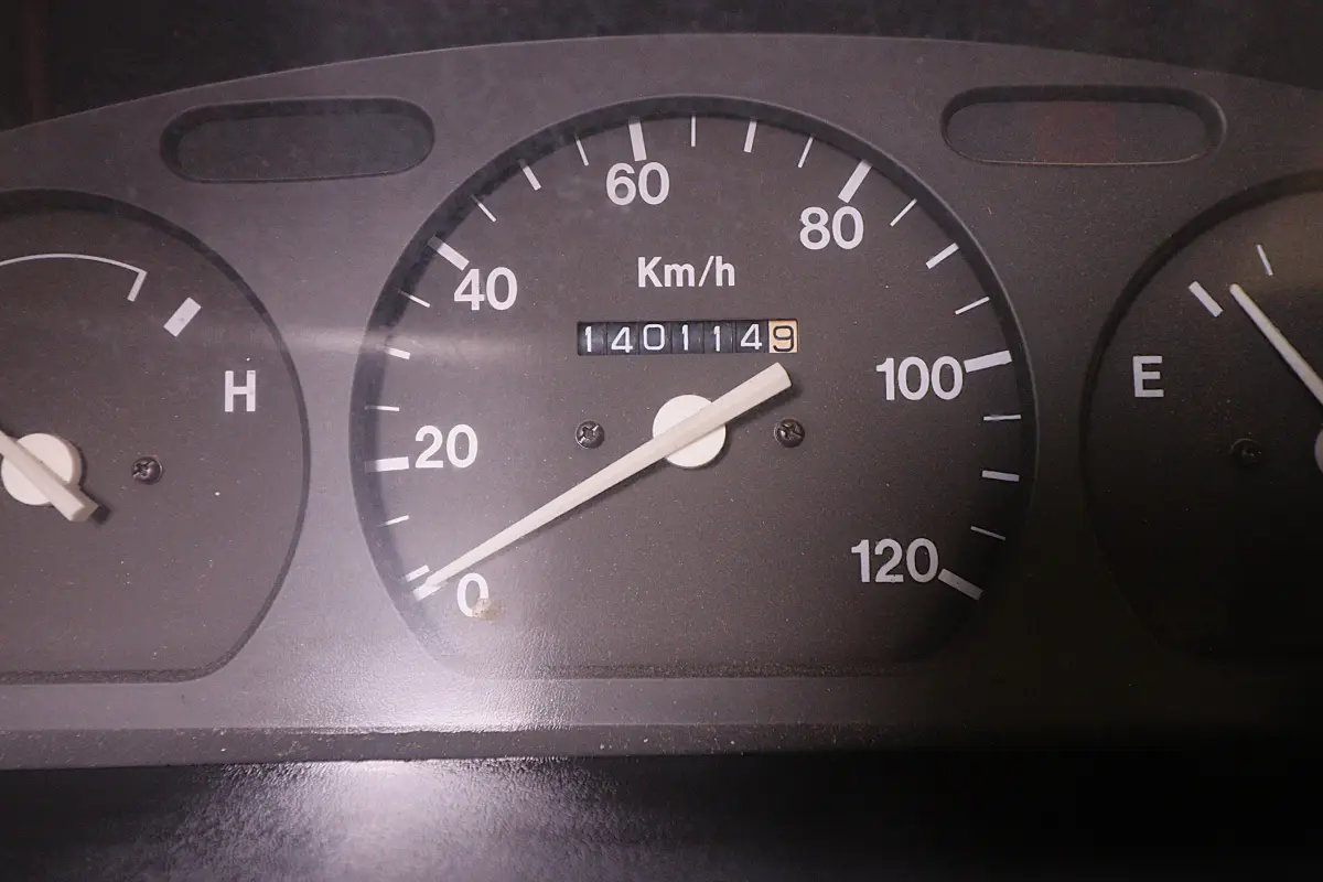 White 1993 Suzuki Carry 4x4 Kei Truck, odometer and speedometer, for sale at Duncan Imports in Christiansburg, VA
