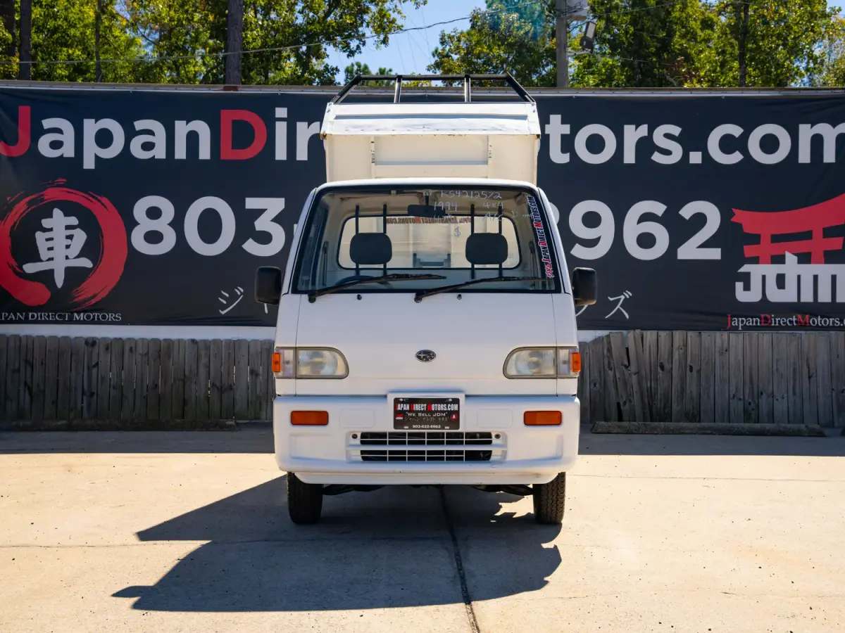 White 1994 Subaru Sambar Dump Bed 4x4 Kei Truck, front view, for sale at Japan Direct Motors in Irmo, SC