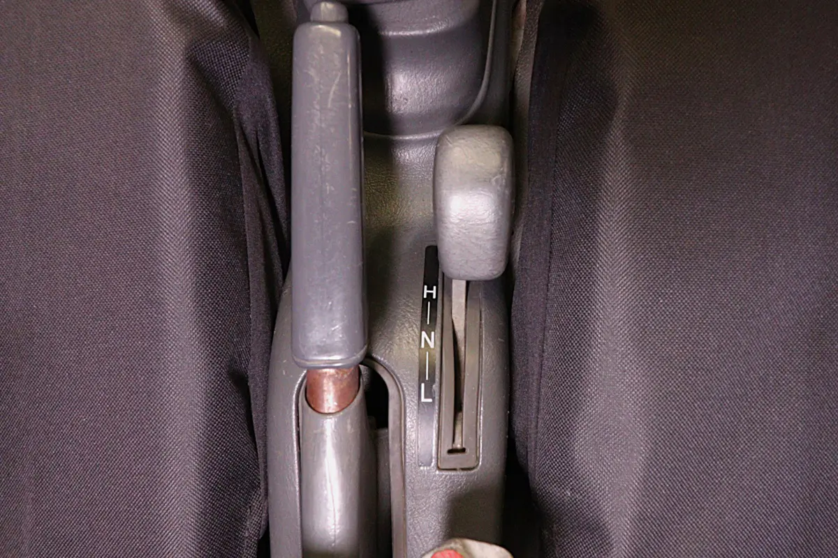 1995 Daihatsu Hijet 4x4 Kei Truck, handbrake and 4WD lever, for sale at Duncan Imports in Christiansburg, VA