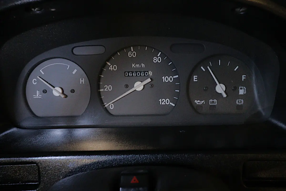 White 1996 Suzuki Carry Dump Bed 4x4 Kei Truck, odometer and gauges, for sale at Duncan Imports in Christiansburg, VA