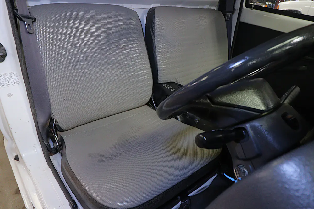 White 1996 Suzuki Carry Dump Bed 4x4 Kei Truck, seats and steering wheel, for sale at Duncan Imports in Christiansburg, VA