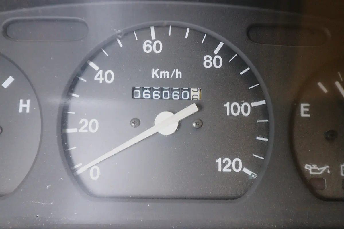White 1996 Suzuki Carry Dump Bed 4x4 Kei Truck, speedometer and odometer, for sale at Duncan Imports in Christiansburg, VA