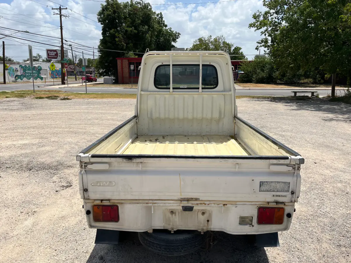 1997 Daihatsu Hijet 4x4 Kei Truck, rear view into cargo bed, for sale at Sunshine Imports in Austin, TX