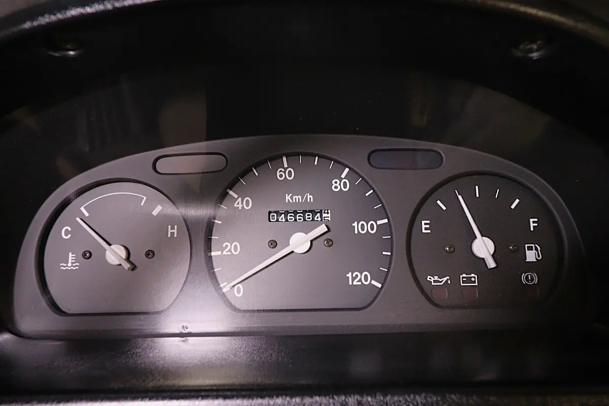 White 1998 Suzuki Carry 4x4 Kei Truck, odometer and gauges, for sale at Duncan Imports in Christiansburg, VA
