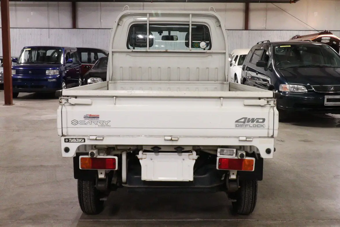 White 1998 Suzuki Carry 4x4 Kei Truck, rear view, for sale at Duncan Imports in Christiansburg, VA