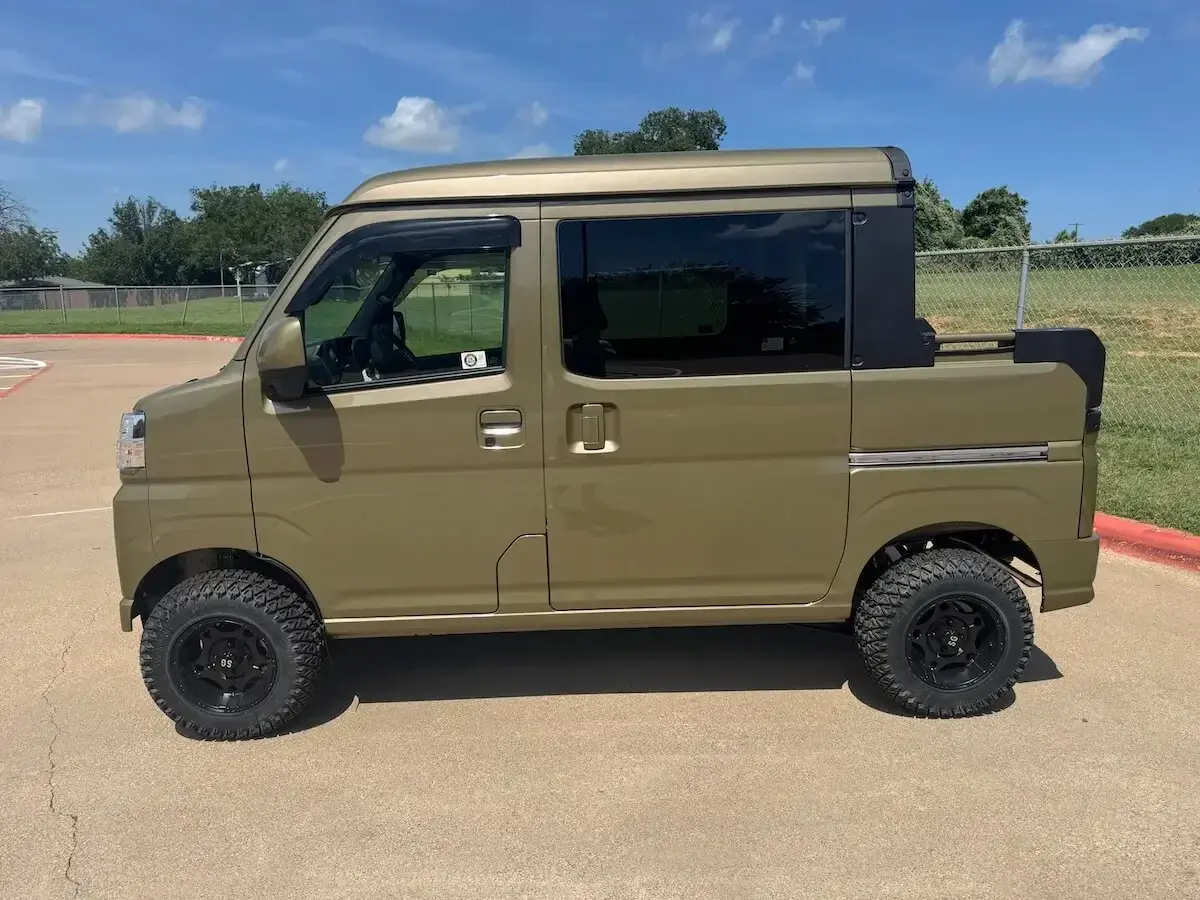 2024 Daihatsu Hijet Deck Van, a khaki green off-road Kei Truck, for sale at Weatherford Mini Trucks in Weatherford, TX (photo 3 of 12)