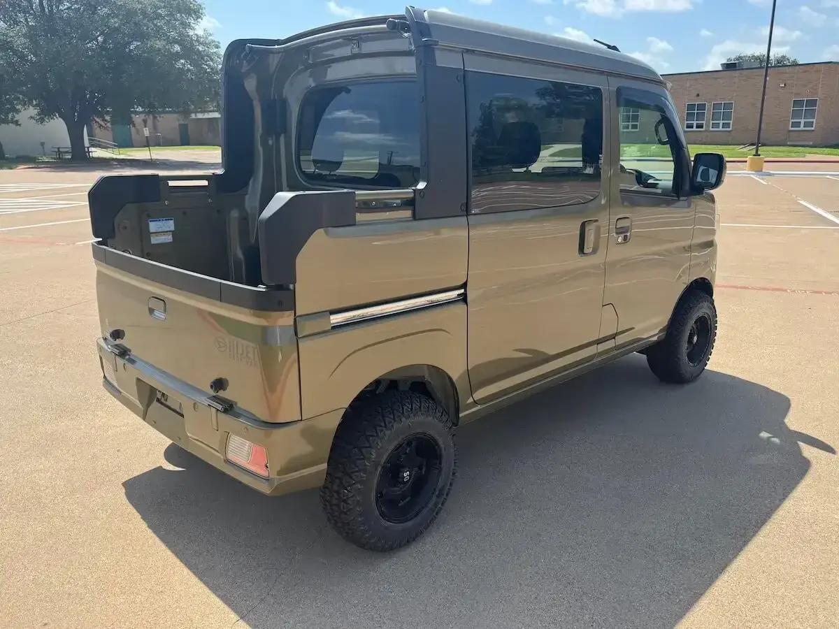 2024 Daihatsu Hijet Deck Van, a khaki green off-road Kei Truck, for sale at Weatherford Mini Trucks in Weatherford, TX (photo 4 of 12)