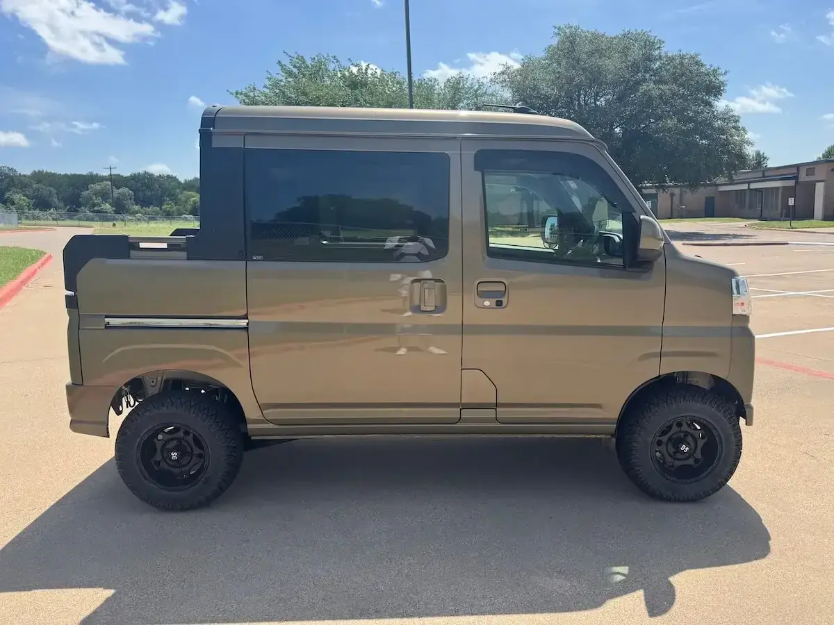 2024 Daihatsu Hijet Deck Van, a khaki green off-road Kei Truck, for sale at Weatherford Mini Trucks in Weatherford, TX (photo 4 of 12)