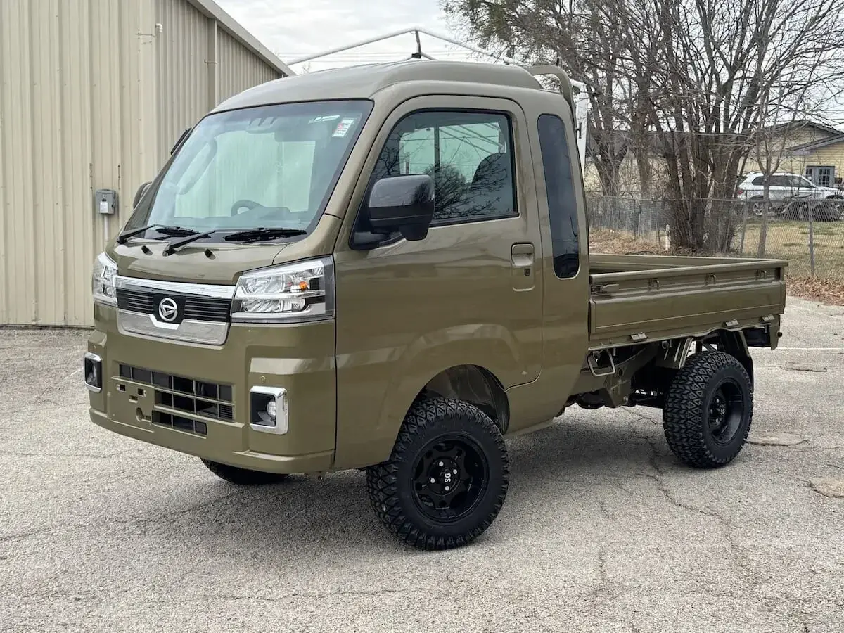 2025 Daihatsu Hijet Jumbo-Farming Package, a khaki green off-road Kei Truck, for sale at Weatherford Mini Trucks in Weatherford, TX (photo 2 of 10)