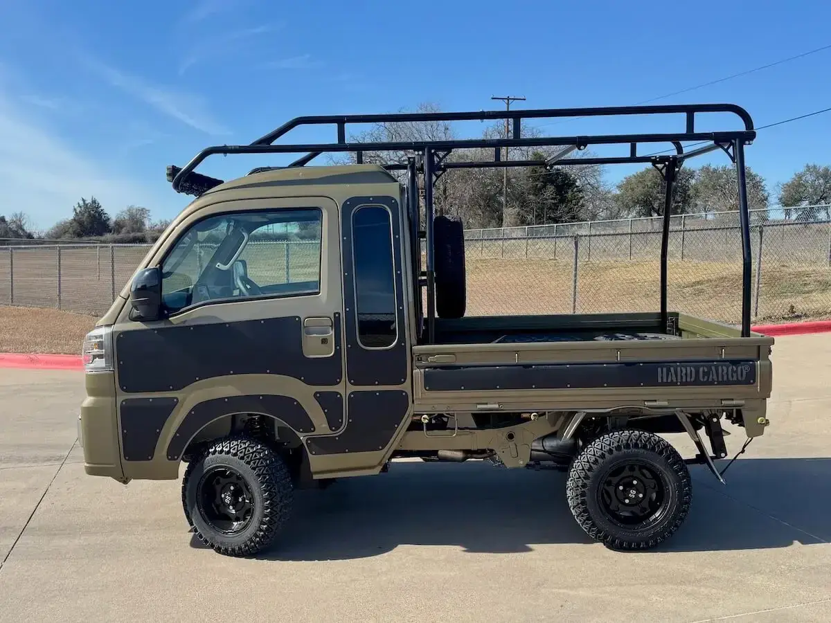2025 Daihatsu Hijet Jumbo Hard Cargo Edition, a khaki green off-road Kei Truck, for sale at Weatherford Mini Trucks in Weatherford, TX (photo 4 of 12)