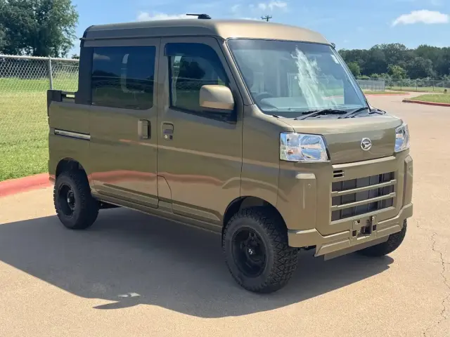2024 Daihatsu Hijet Deck Van, a khaki green off-road Kei Truck, for sale at Weatherford Mini Trucks in Weatherford, TX