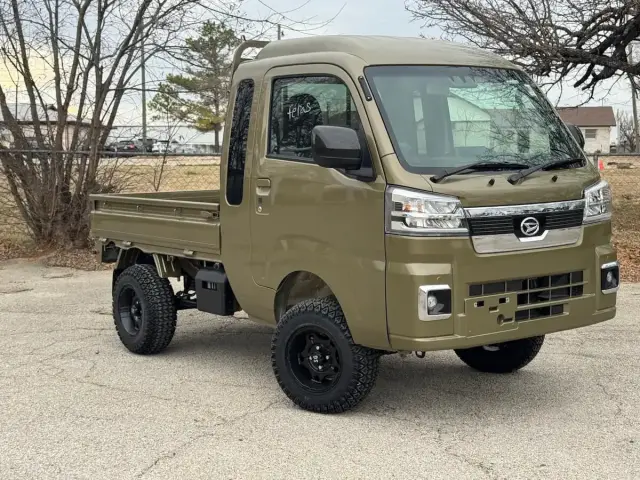 2025 Daihatsu Hijet Jumbo Automatic Farming Package, a khaki green off-road Kei Truck, for sale at Weatherford Mini Trucks in Weatherford, TX
